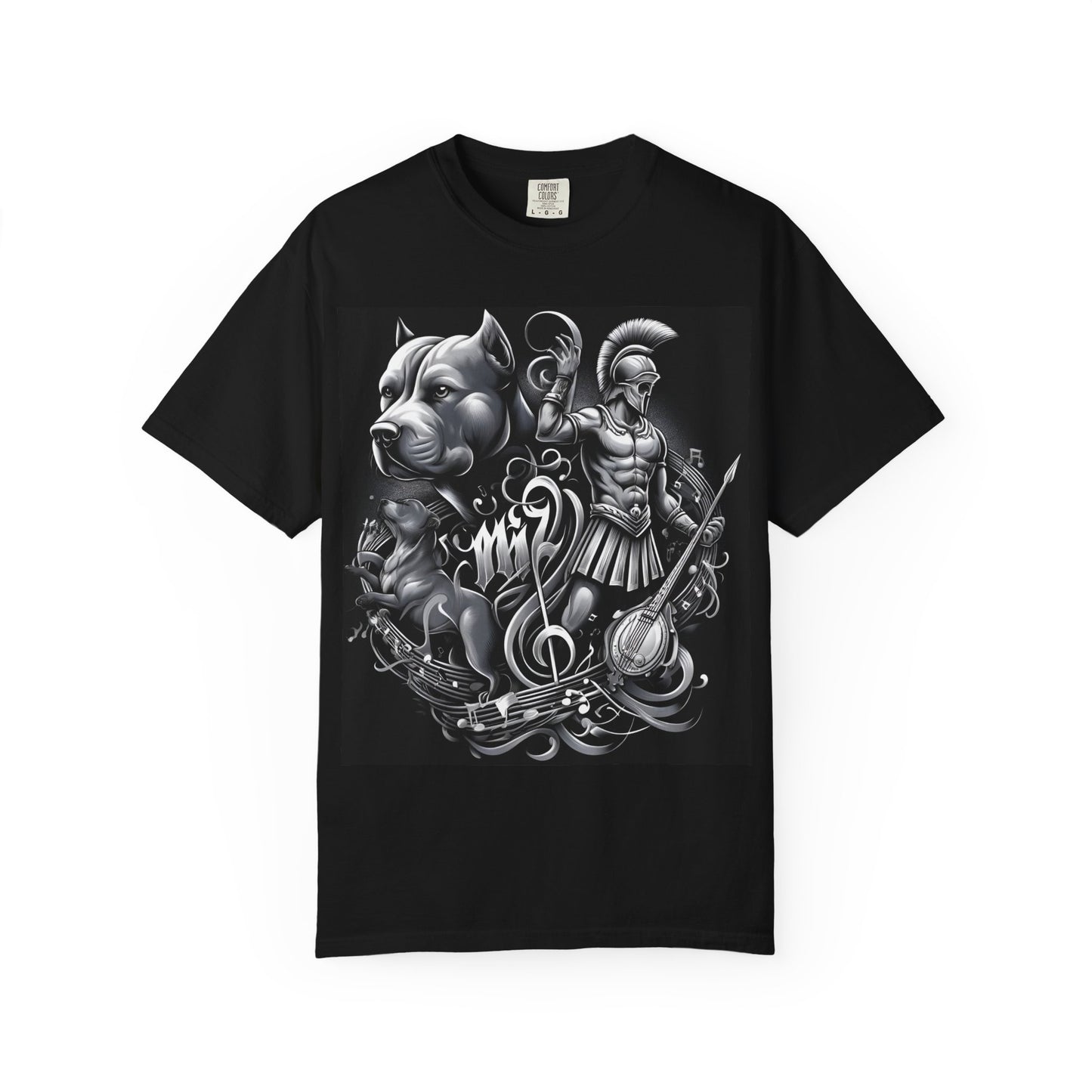 Spartan & Pitbull Graphic T-Shirt — Musical Warrior Tattoo-Style Tee