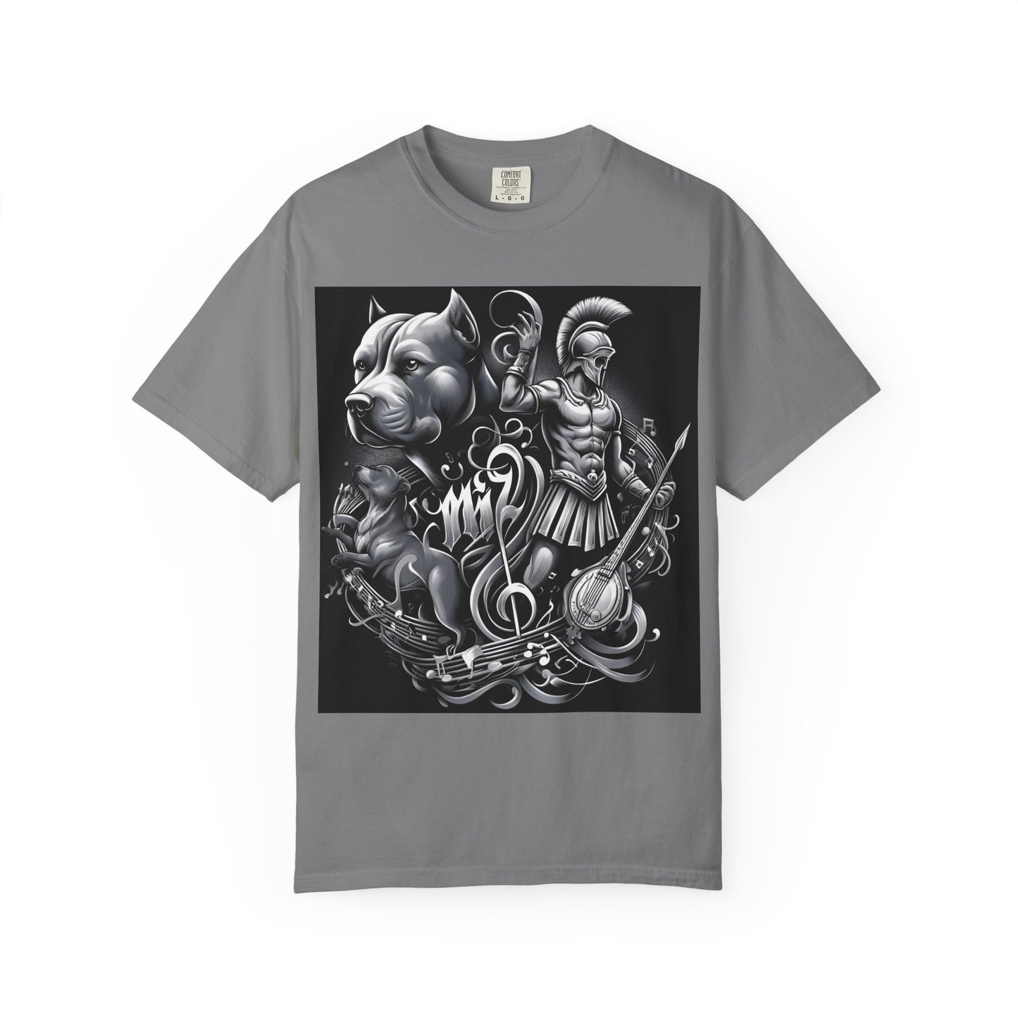 Spartan & Pitbull Graphic T-Shirt — Musical Warrior Tattoo-Style Tee