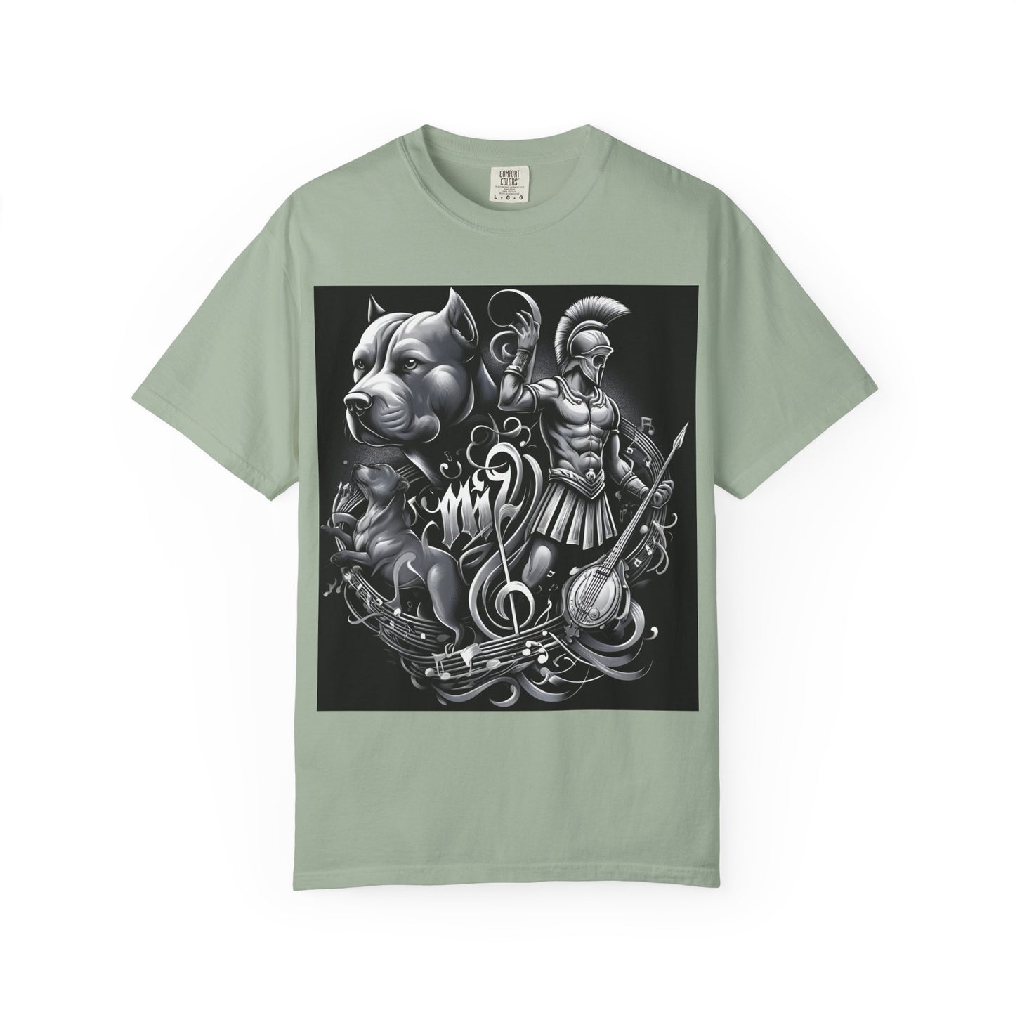 Spartan & Pitbull Graphic T-Shirt — Musical Warrior Tattoo-Style Tee