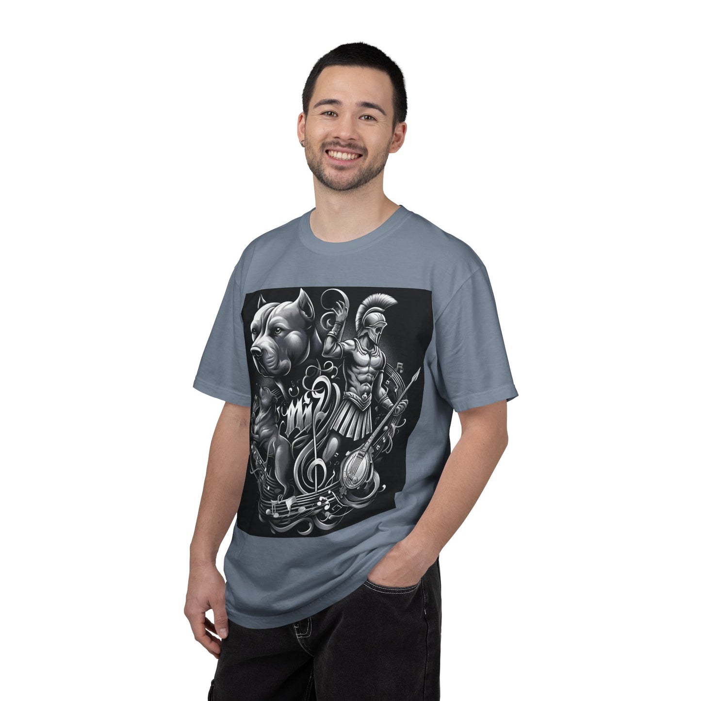 Spartan & Pitbull Graphic T-Shirt — Musical Warrior Tattoo-Style Tee