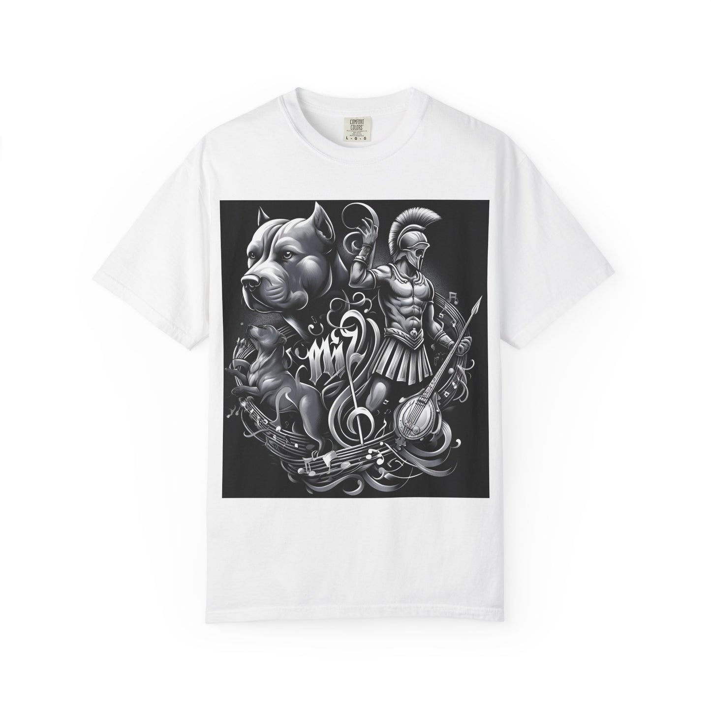 Spartan & Pitbull Graphic T-Shirt — Musical Warrior Tattoo-Style Tee