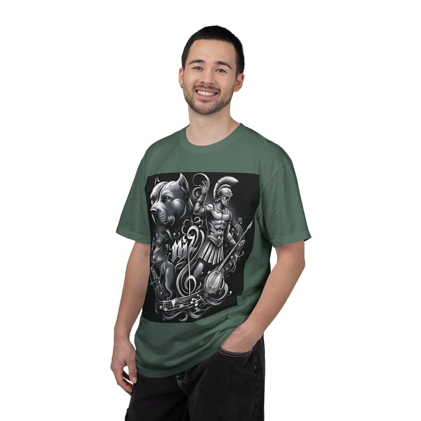 Spartan & Pitbull Graphic T-Shirt — Musical Warrior Tattoo-Style Tee