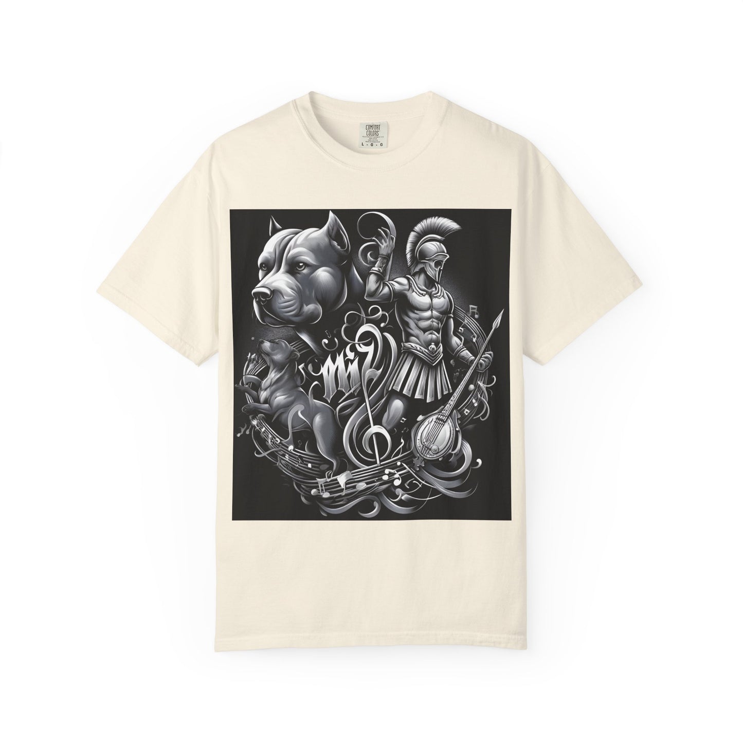 Spartan & Pitbull Graphic T-Shirt — Musical Warrior Tattoo-Style Tee