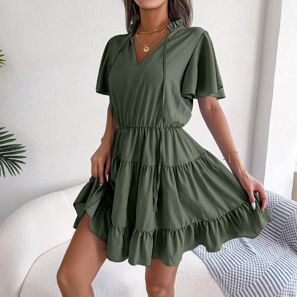 Female Flounced Skirt Ribbon Big Hem A- Line Skirt Solid Color Dress