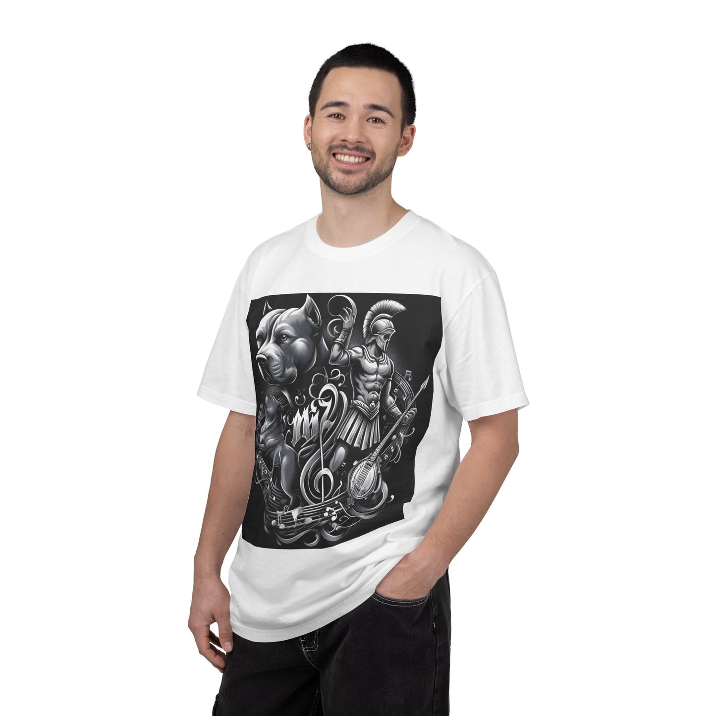 Spartan & Pitbull Graphic T-Shirt — Musical Warrior Tattoo-Style Tee