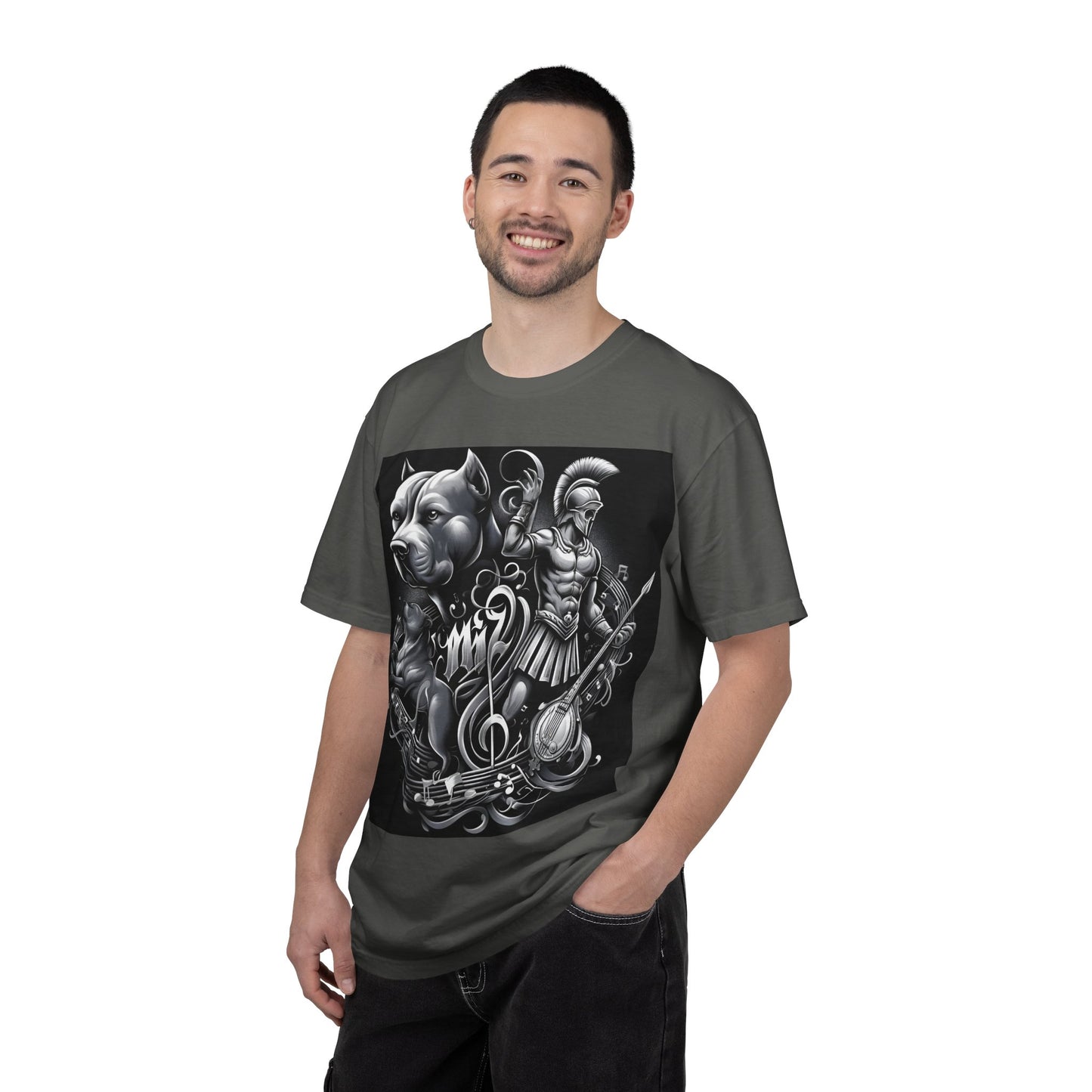 Spartan & Pitbull Graphic T-Shirt — Musical Warrior Tattoo-Style Tee