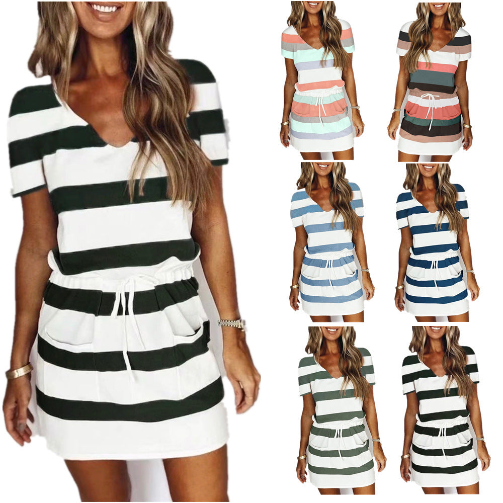 Striped Print Short-sleeved Summer Dress