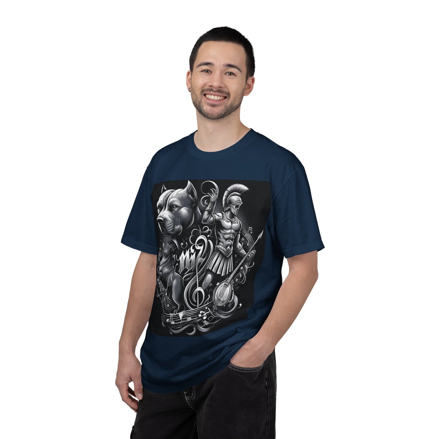Spartan & Pitbull Graphic T-Shirt — Musical Warrior Tattoo-Style Tee