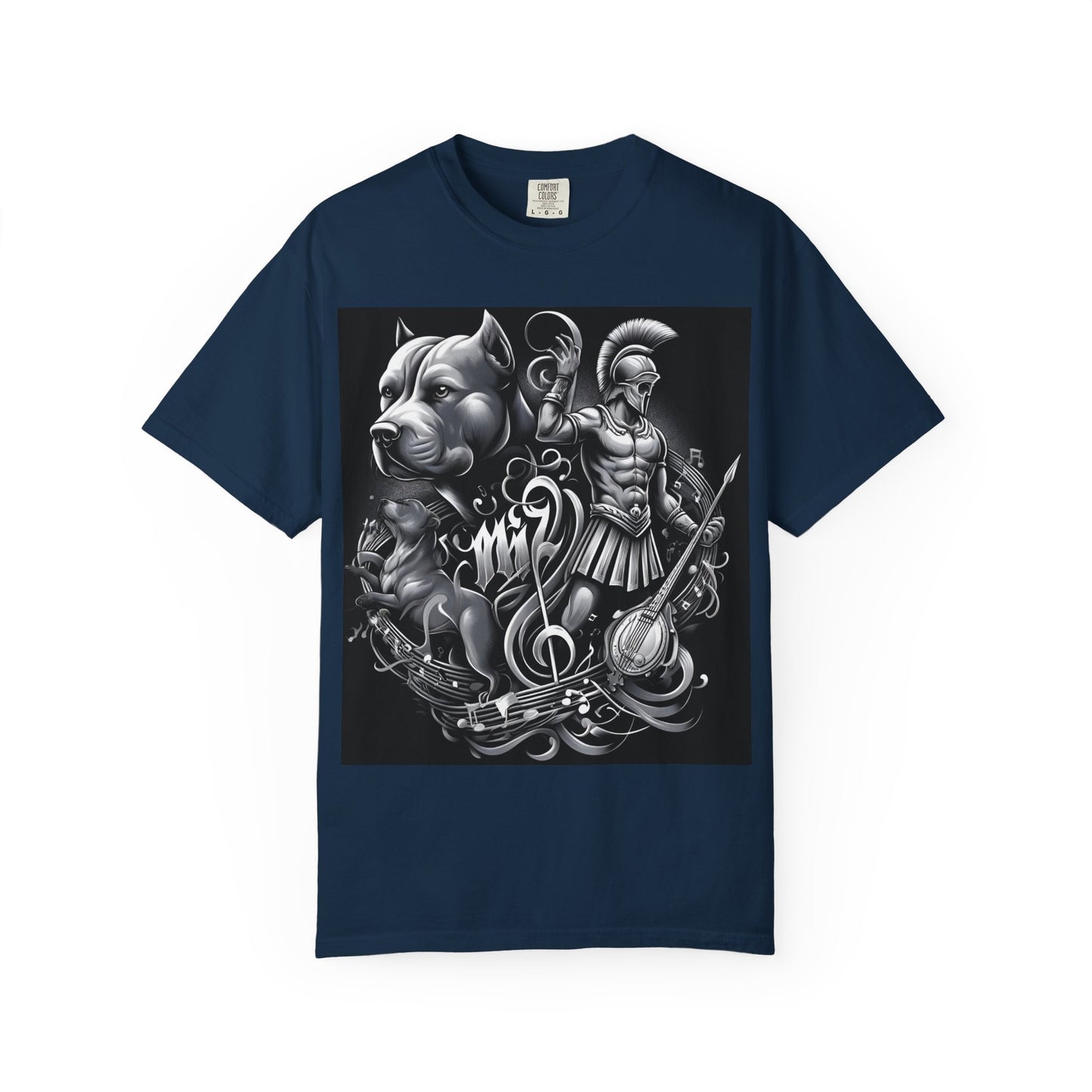 Spartan & Pitbull Graphic T-Shirt — Musical Warrior Tattoo-Style Tee
