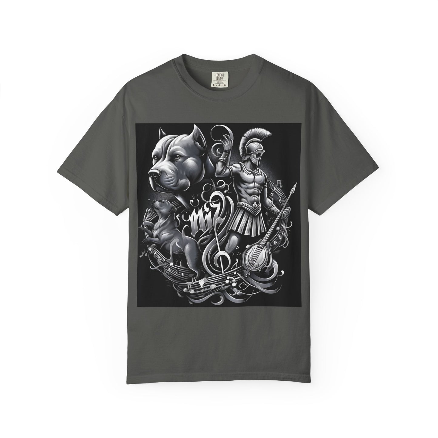 Spartan & Pitbull Graphic T-Shirt — Musical Warrior Tattoo-Style Tee
