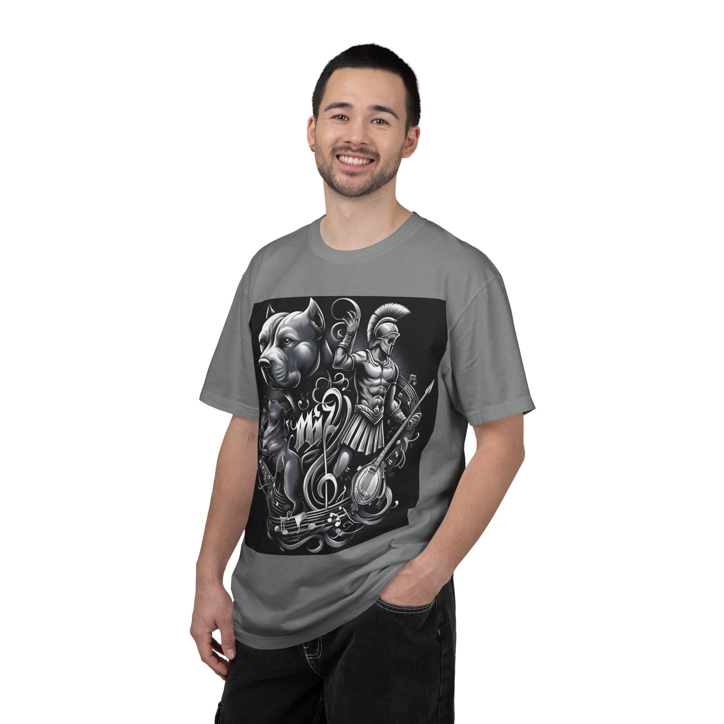 Spartan & Pitbull Graphic T-Shirt — Musical Warrior Tattoo-Style Tee