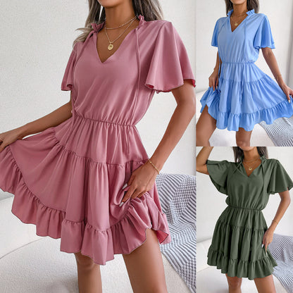 Female Flounced Skirt Ribbon Big Hem A- Line Skirt Solid Color Dress