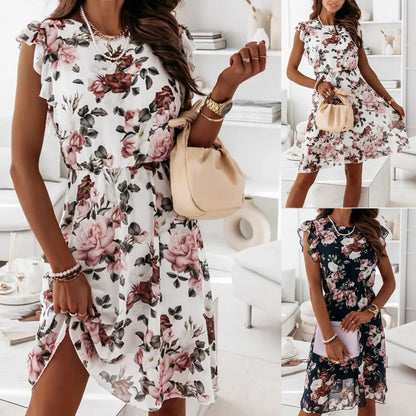 Fashion Floral Print Short Chiffon Dress Woman