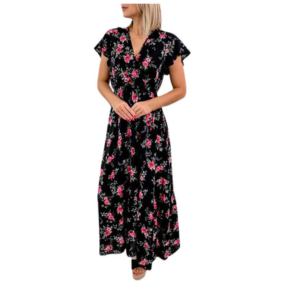 Fashion Floral Print Short Chiffon Dress Woman