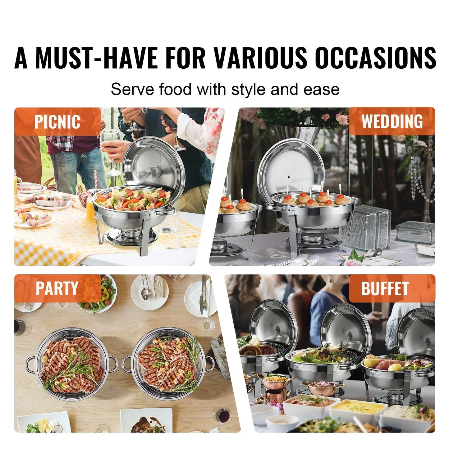 VEVOR 6 QT 4-Pack Round Chaffing Dish buffet set