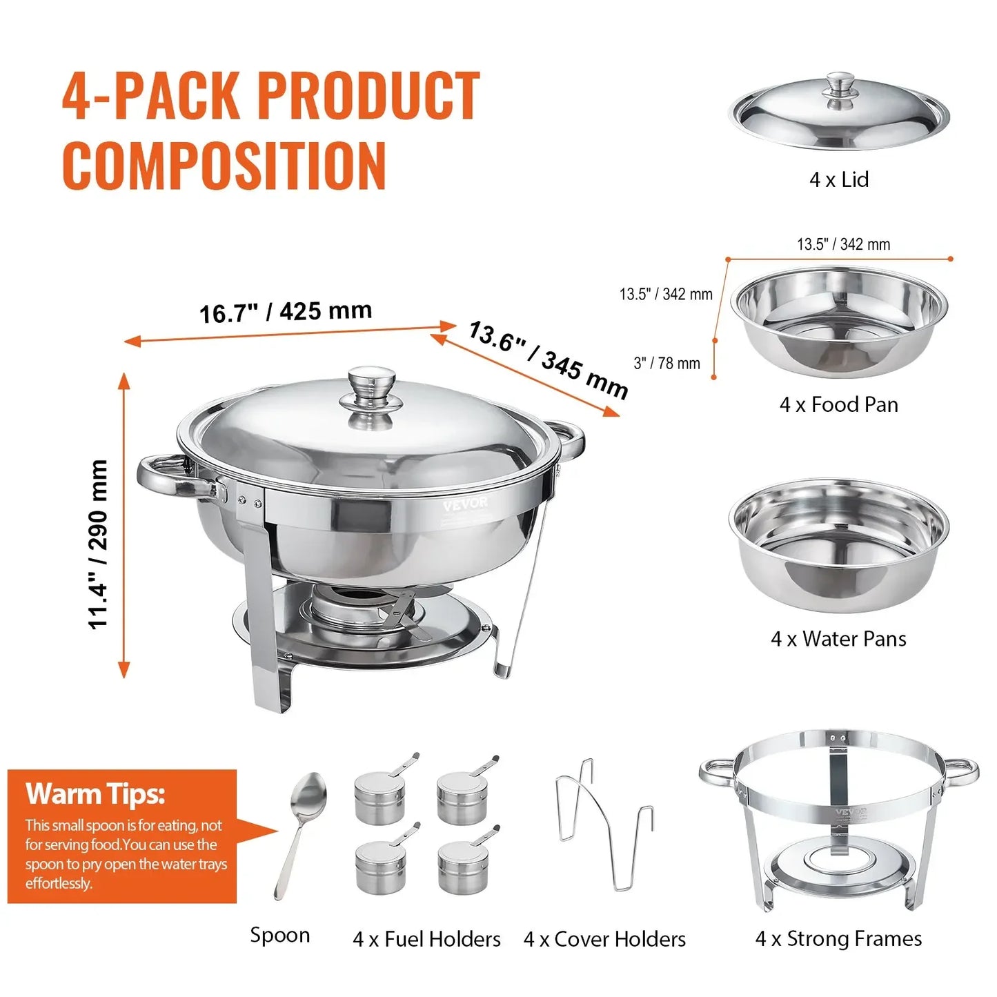 VEVOR 6 QT 4-Pack Round Chaffing Dish buffet set