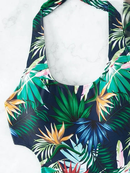 Tropical Print Cut Out Halter One Piece Swimsuit with Beach Skirt