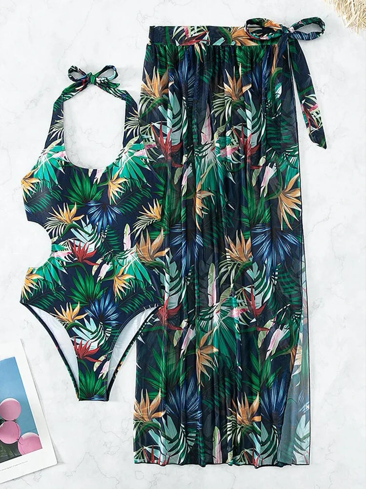 Tropical Print Cut Out Halter One Piece Swimsuit with Beach Skirt