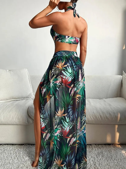 Tropical Print Cut Out Halter One Piece Swimsuit with Beach Skirt