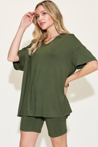 Bae Full Size V-Neck Drop Shoulder Short Sleeve T-Shirt and Shorts Set - SavageBiz