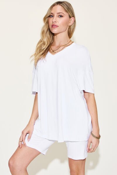 Bae Full Size V-Neck Drop Shoulder Short Sleeve T-Shirt and Shorts Set - SavageBiz