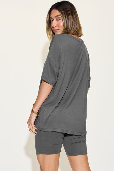Bae Full Size V-Neck Drop Shoulder Short Sleeve T-Shirt and Shorts Set - SavageBiz