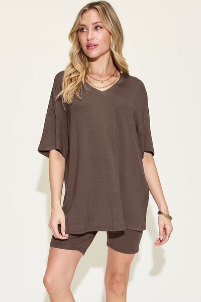 Bae Full Size V-Neck Drop Shoulder Short Sleeve T-Shirt and Shorts Set - SavageBiz