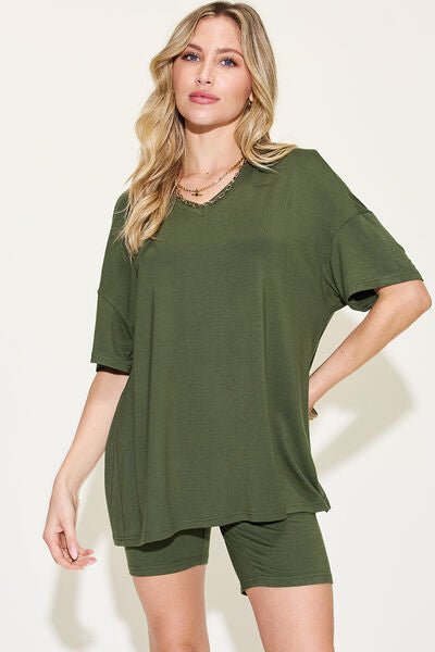 Bae Full Size V-Neck Drop Shoulder Short Sleeve T-Shirt and Shorts Set - SavageBiz