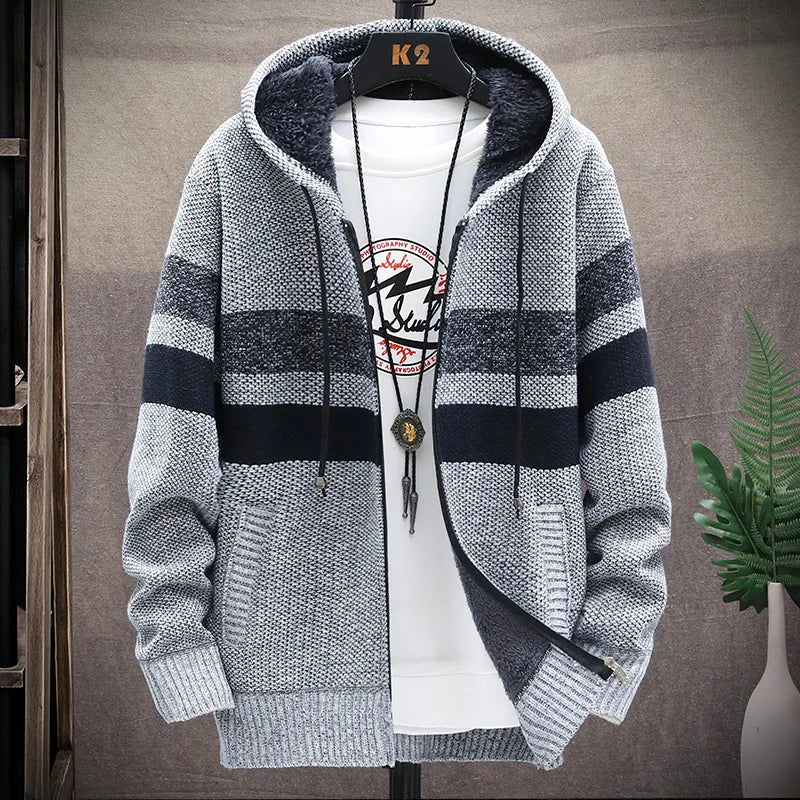 Men's Striped Cardigan Fleece Winter Sweater - SavageBiz