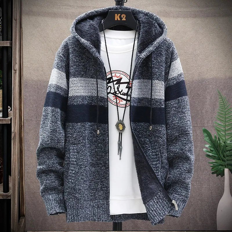 Men's Striped Cardigan Fleece Winter Sweater - SavageBiz