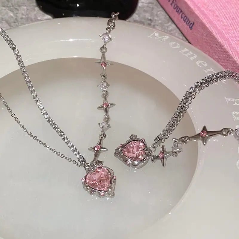 Pink Heart Crystal Necklace - SavageBiz